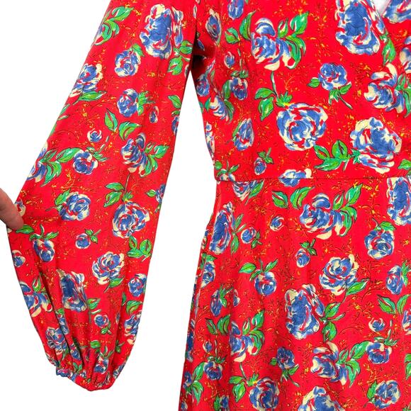 Zara | Red Floral Print Long Sleeve V-neck Crossover Mini Romper Dress - Picture 6 of 13